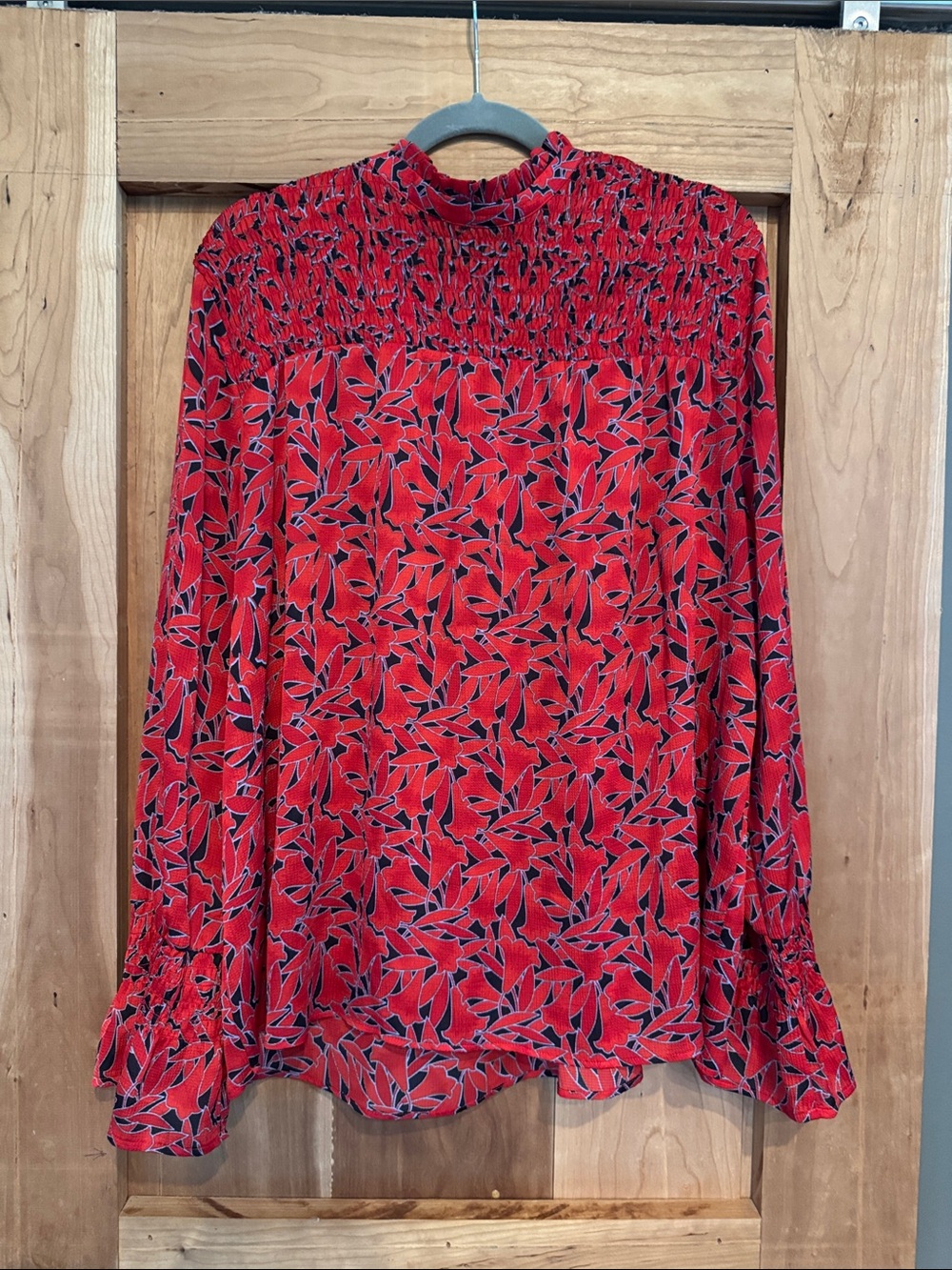Ann Taylor Red Leaf-Print Smocked Yoke Blouse